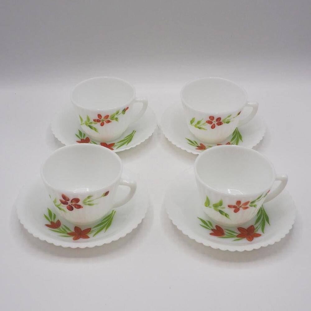 Macbeth Evans Monax Petalware Florette Red Floral Teacup & Saucer Lot of 4